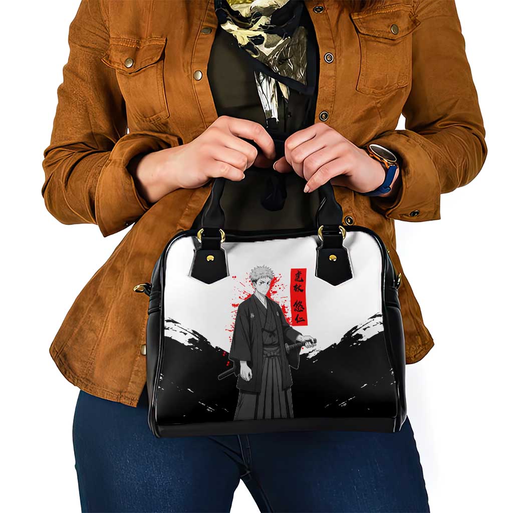 Yuji Itadori Jujutsu Kaisen Samurai Design Shoulder Handbag with Katana, Red Kanji Elements and Oni Mask Graphic - The Mazicc