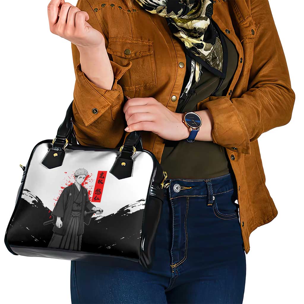 Yuji Itadori Jujutsu Kaisen Samurai Design Shoulder Handbag with Katana, Red Kanji Elements and Oni Mask Graphic - The Mazicc