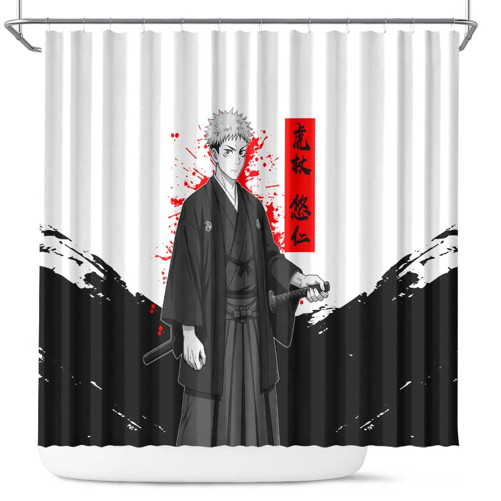 Yuji Itadori Jujutsu Kaisen Samurai Design Shower Curtain with Katana, Red Kanji Elements and Oni Mask Graphic - The Mazicc