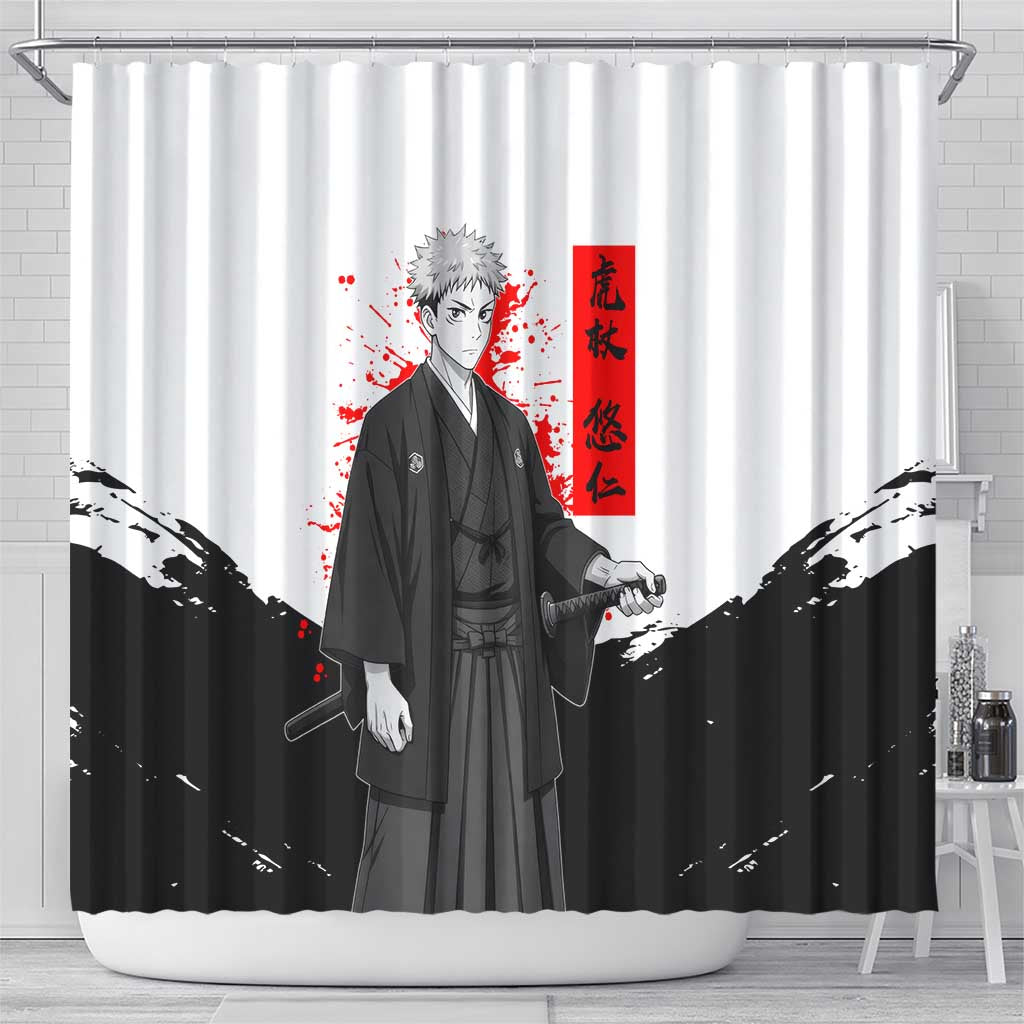 Yuji Itadori Jujutsu Kaisen Samurai Design Shower Curtain with Katana, Red Kanji Elements and Oni Mask Graphic - The Mazicc