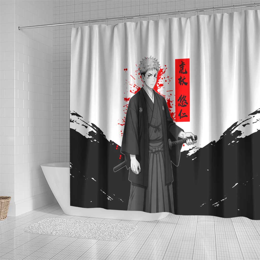 Yuji Itadori Jujutsu Kaisen Samurai Design Shower Curtain with Katana, Red Kanji Elements and Oni Mask Graphic - The Mazicc