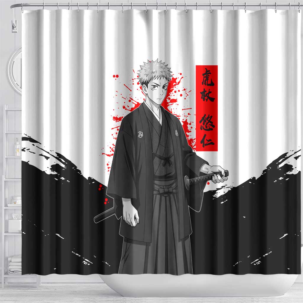 Yuji Itadori Jujutsu Kaisen Samurai Design Shower Curtain with Katana, Red Kanji Elements and Oni Mask Graphic - The Mazicc