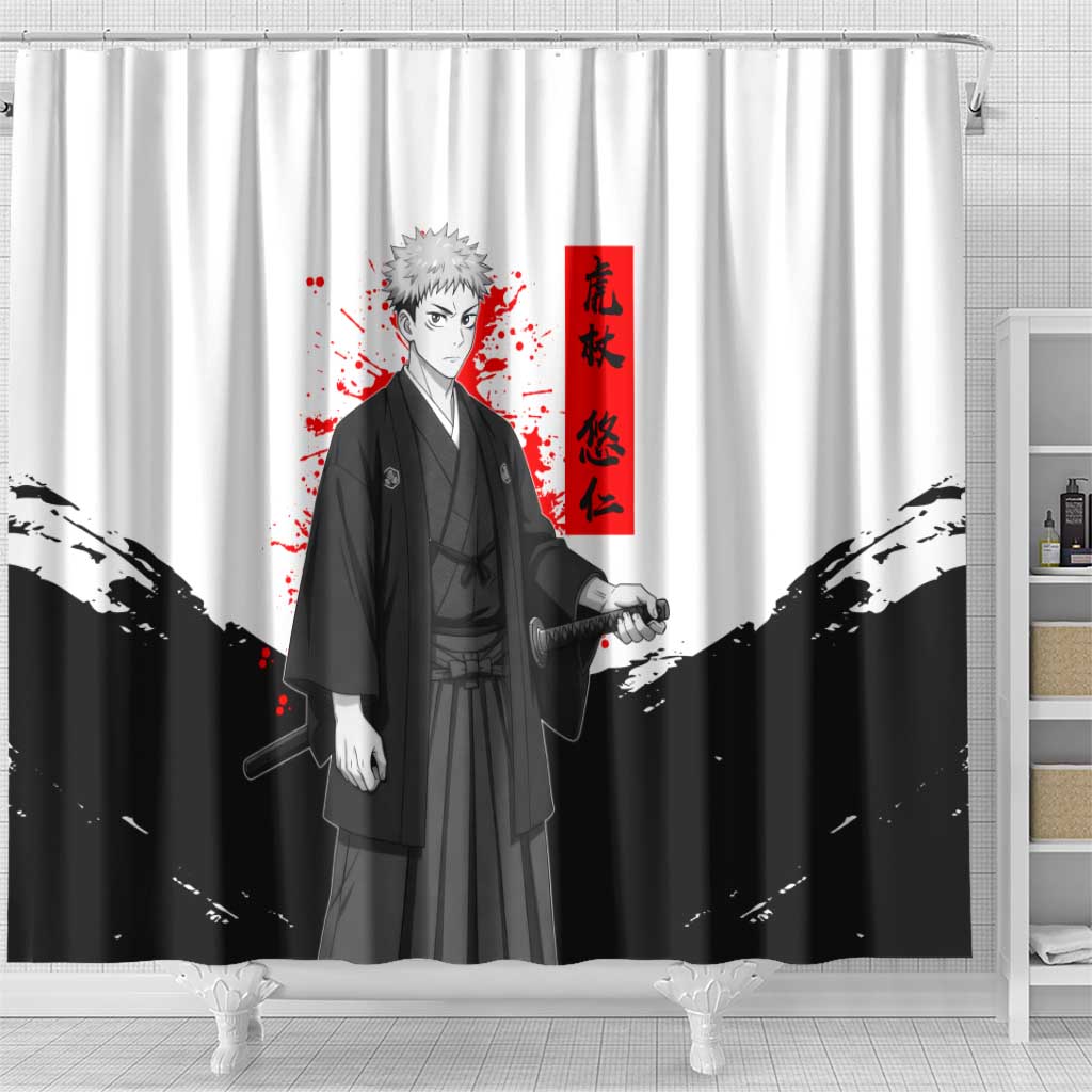 Yuji Itadori Jujutsu Kaisen Samurai Design Shower Curtain with Katana, Red Kanji Elements and Oni Mask Graphic - The Mazicc
