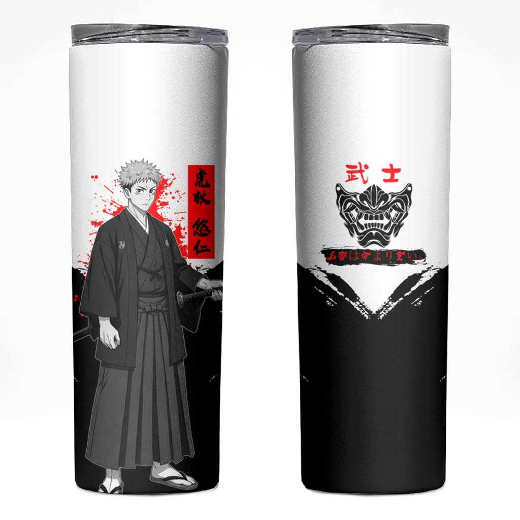 Yuji Itadori Jujutsu Kaisen Samurai Design Skinny Tumbler with Katana, Red Kanji Elements and Oni Mask Graphic - The Mazicc