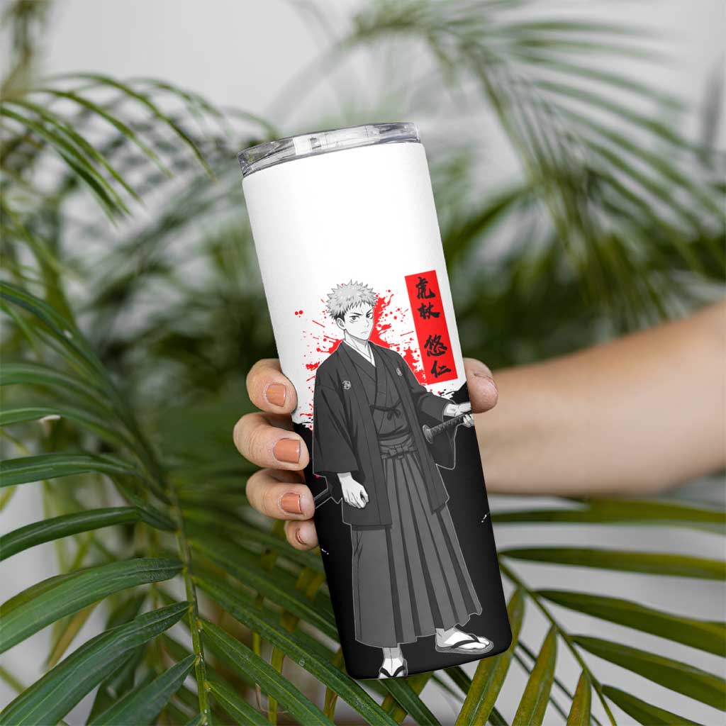Yuji Itadori Jujutsu Kaisen Samurai Design Skinny Tumbler with Katana, Red Kanji Elements and Oni Mask Graphic - The Mazicc