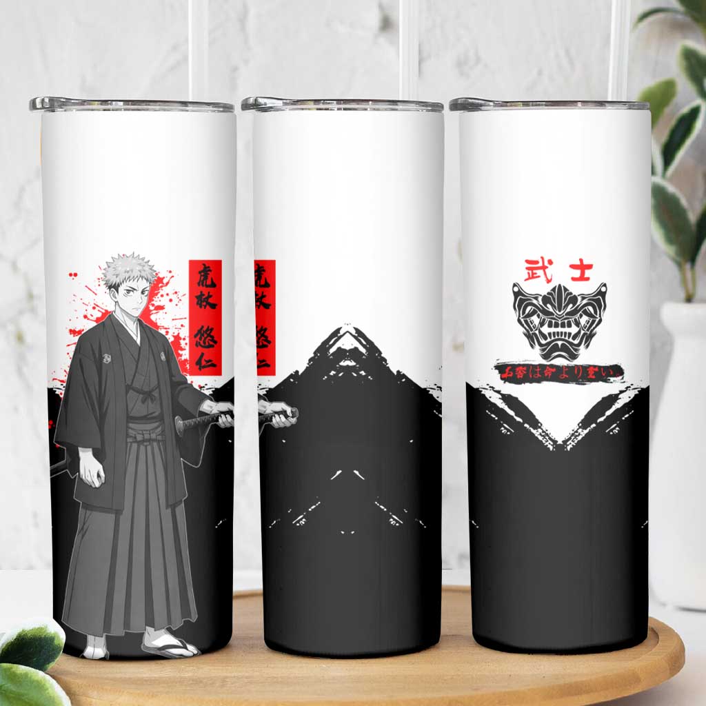 Yuji Itadori Jujutsu Kaisen Samurai Design Skinny Tumbler with Katana, Red Kanji Elements and Oni Mask Graphic - The Mazicc