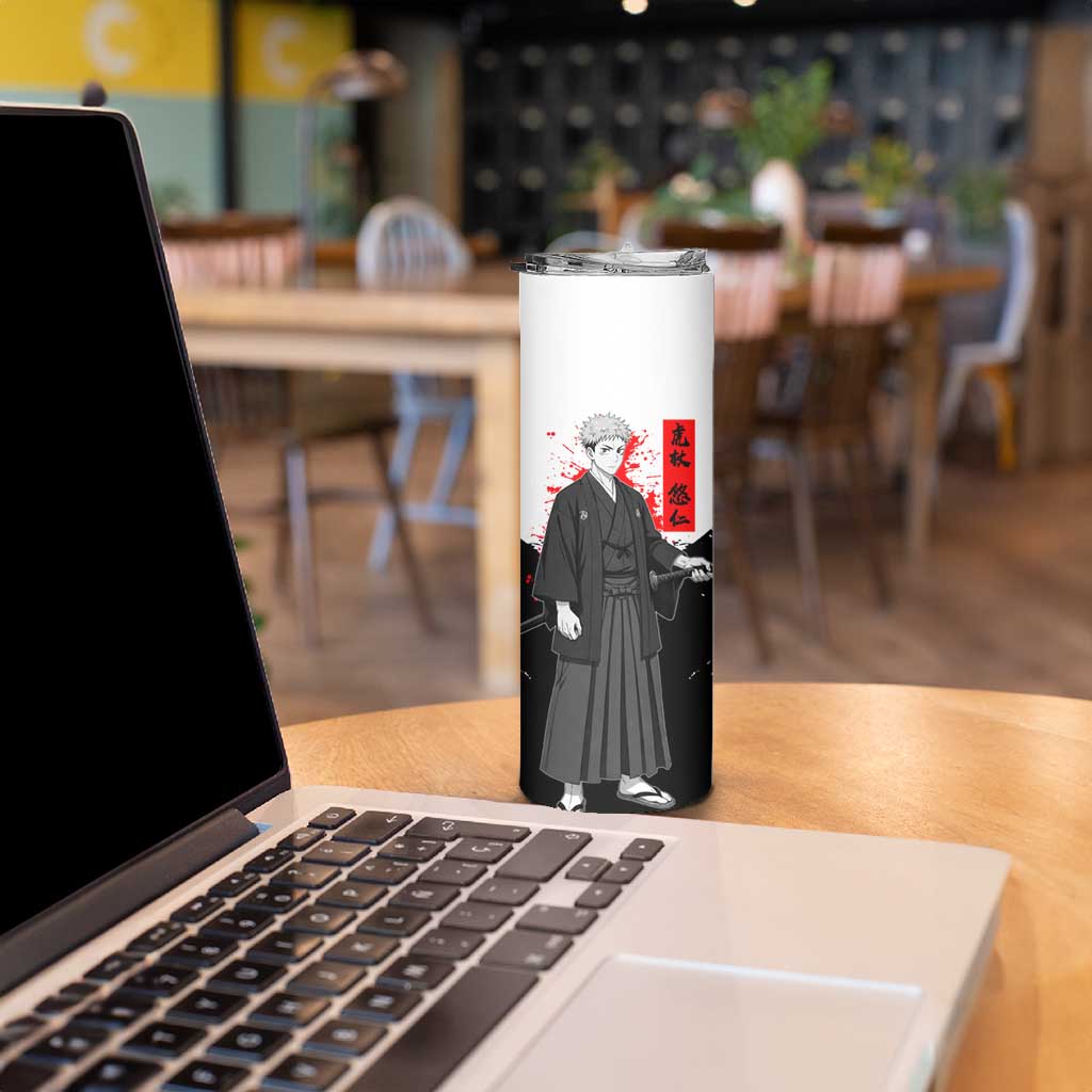 Yuji Itadori Jujutsu Kaisen Samurai Design Skinny Tumbler with Katana, Red Kanji Elements and Oni Mask Graphic - The Mazicc