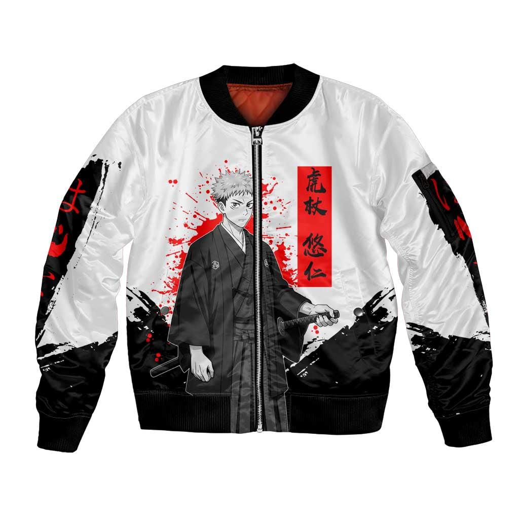 Yuji Itadori Jujutsu Kaisen Samurai Design Sleeve Zip Bomber Jacket with Katana, Red Kanji Elements and Oni Mask Graphic - The Mazicc