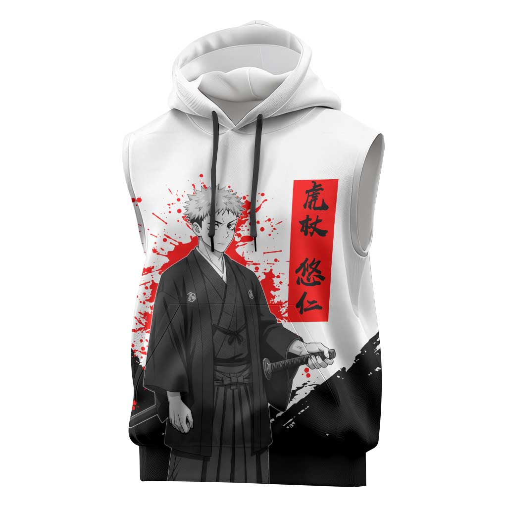 Yuji Itadori Jujutsu Kaisen Samurai Design Sleeveless Hoodie with Katana, Red Kanji Elements and Oni Mask Graphic - The Mazicc