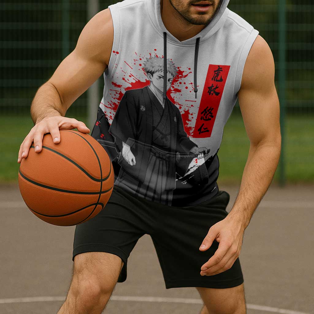 Yuji Itadori Jujutsu Kaisen Samurai Design Sleeveless Hoodie with Katana, Red Kanji Elements and Oni Mask Graphic - The Mazicc