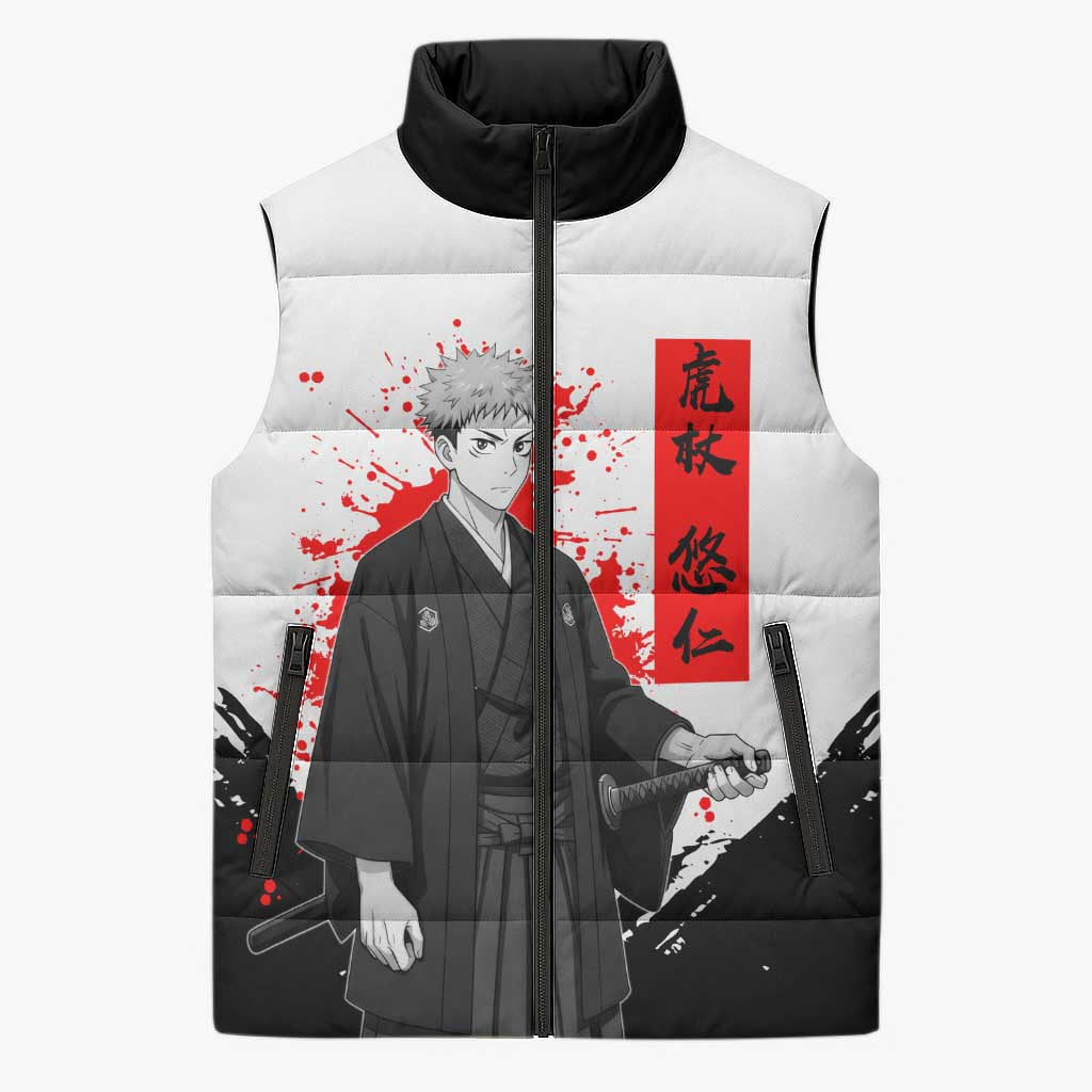 Yuji Itadori Jujutsu Kaisen Samurai Design Sleeveless Puffer Jacket with Katana, Red Kanji Elements and Oni Mask Graphic - The Mazicc