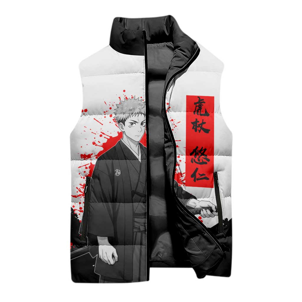 Yuji Itadori Jujutsu Kaisen Samurai Design Sleeveless Puffer Jacket with Katana, Red Kanji Elements and Oni Mask Graphic - The Mazicc
