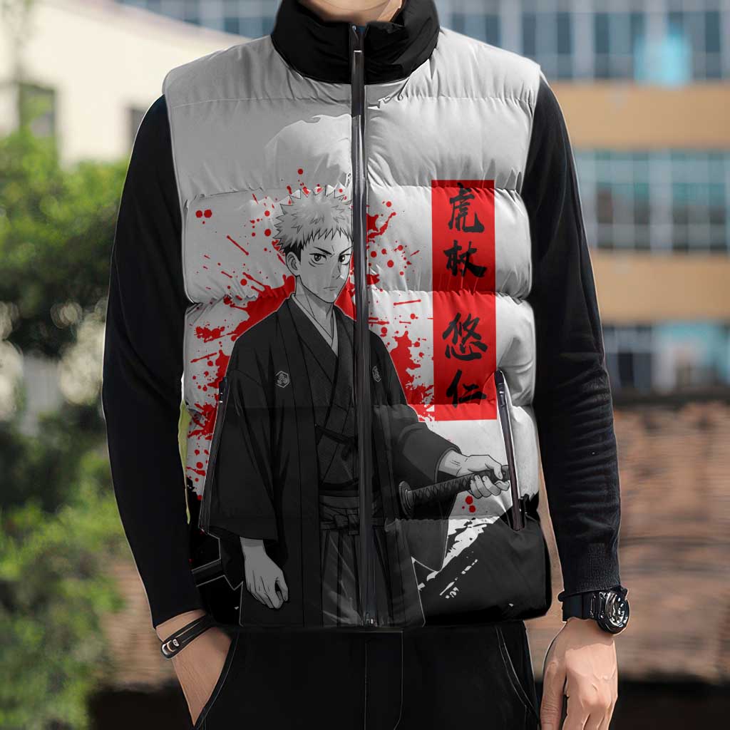 Yuji Itadori Jujutsu Kaisen Samurai Design Sleeveless Puffer Jacket with Katana, Red Kanji Elements and Oni Mask Graphic - The Mazicc