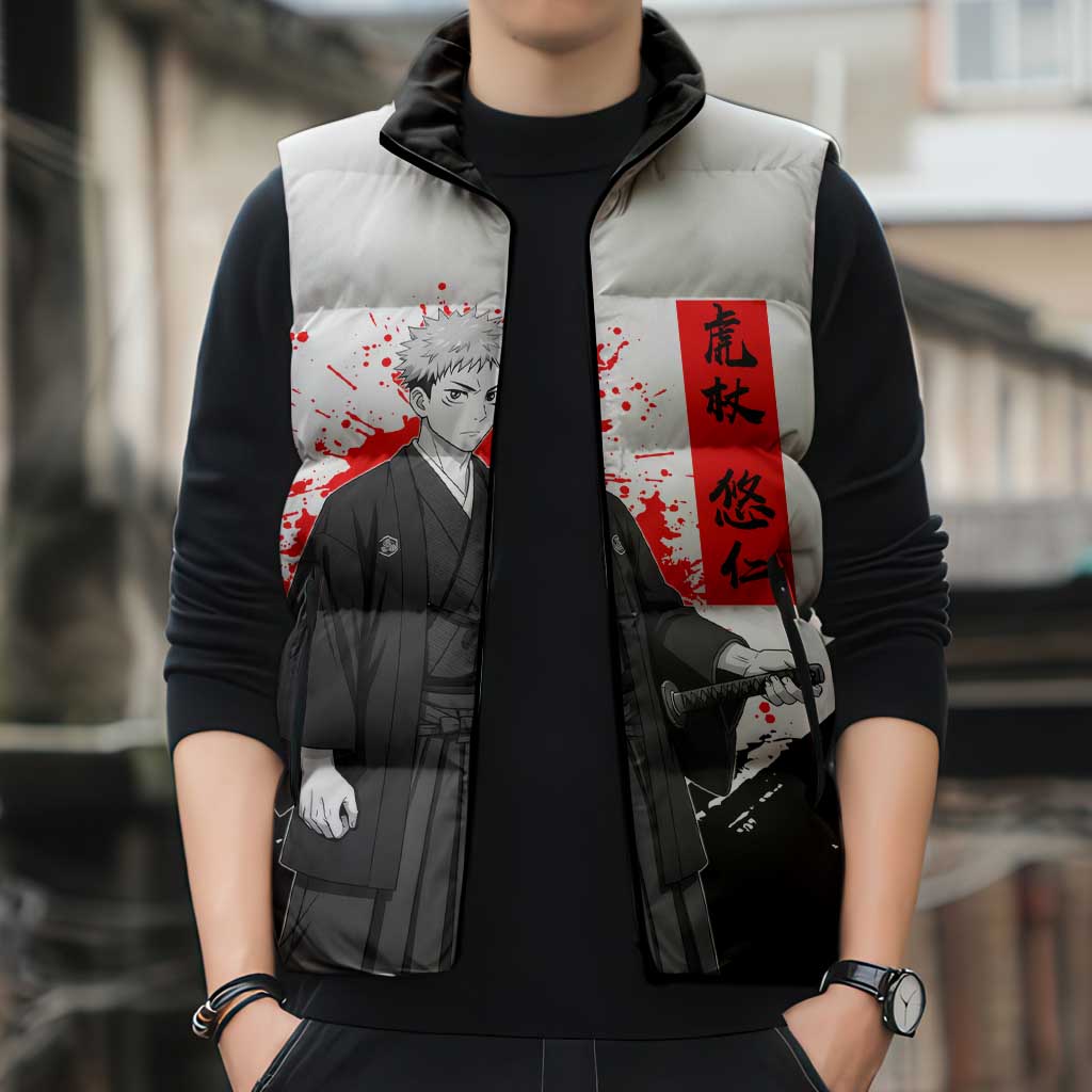 Yuji Itadori Jujutsu Kaisen Samurai Design Sleeveless Puffer Jacket with Katana, Red Kanji Elements and Oni Mask Graphic - The Mazicc