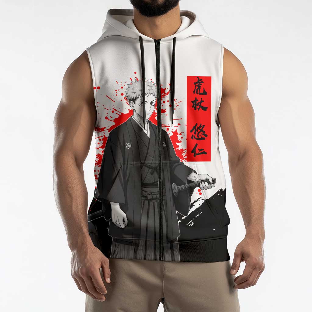Yuji Itadori Jujutsu Kaisen Samurai Design Sleeveless Zip Hoodie with Katana, Red Kanji Elements and Oni Mask Graphic - The Mazicc