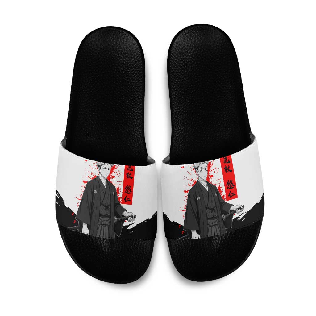 Yuji Itadori Jujutsu Kaisen Samurai Design Slide Sandals with Katana, Red Kanji Elements and Oni Mask Graphic - The Mazicc