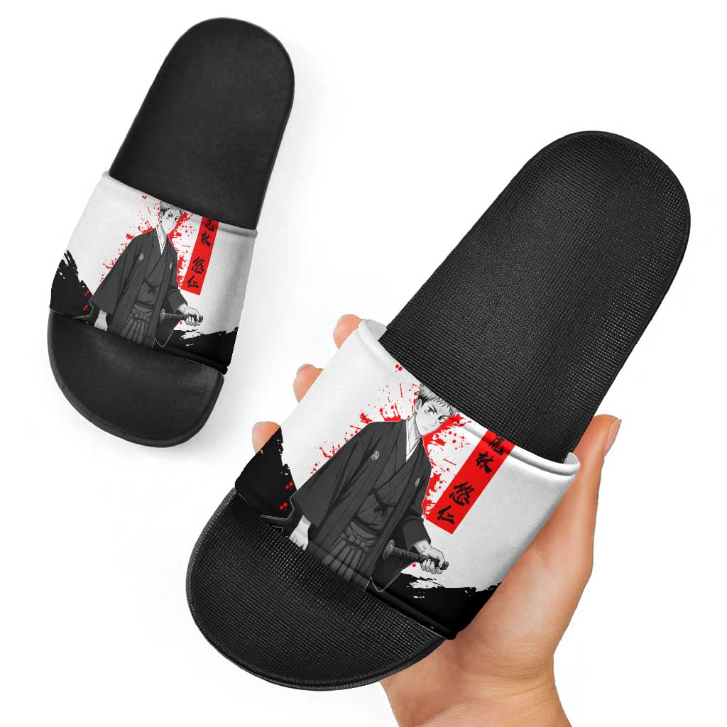 Yuji Itadori Jujutsu Kaisen Samurai Design Slide Sandals with Katana, Red Kanji Elements and Oni Mask Graphic - The Mazicc
