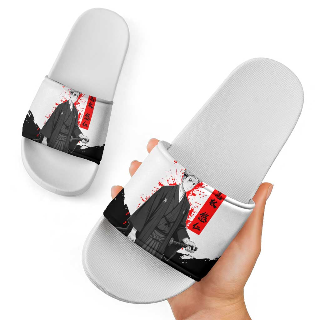 Yuji Itadori Jujutsu Kaisen Samurai Design Slide Sandals with Katana, Red Kanji Elements and Oni Mask Graphic - The Mazicc