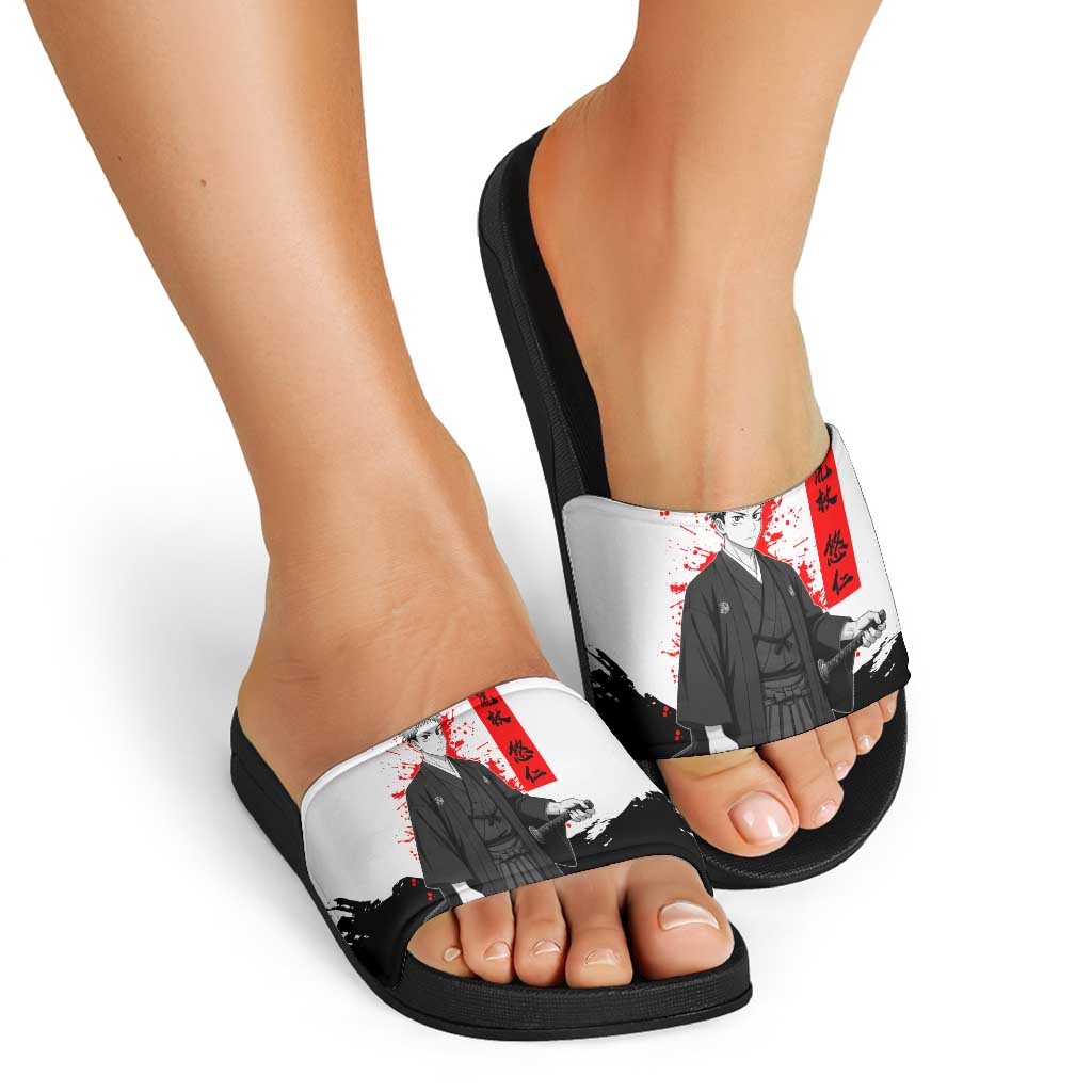 Yuji Itadori Jujutsu Kaisen Samurai Design Slide Sandals with Katana, Red Kanji Elements and Oni Mask Graphic - The Mazicc