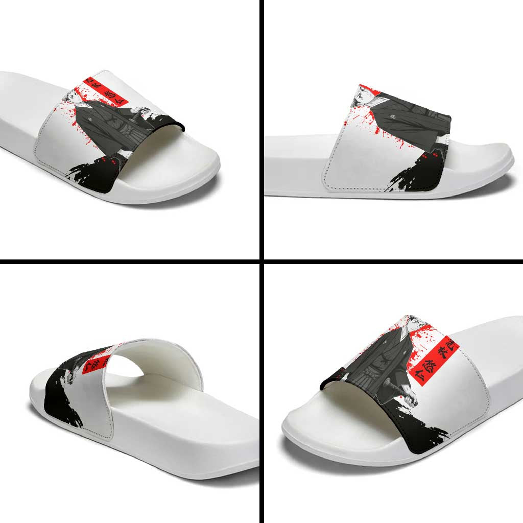Yuji Itadori Jujutsu Kaisen Samurai Design Slide Sandals with Katana, Red Kanji Elements and Oni Mask Graphic - The Mazicc
