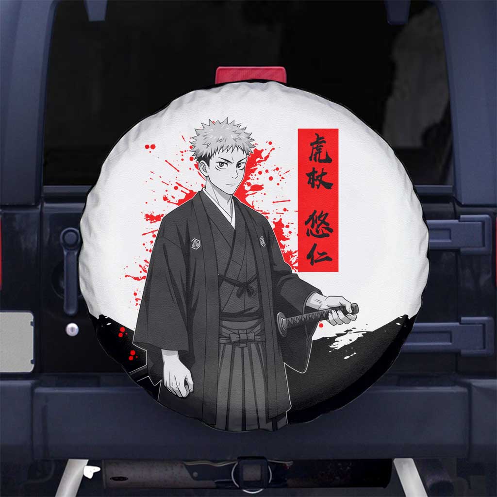 Yuji Itadori Jujutsu Kaisen Samurai Design Spare Tire Cover with Katana, Red Kanji Elements and Oni Mask Graphic - The Mazicc