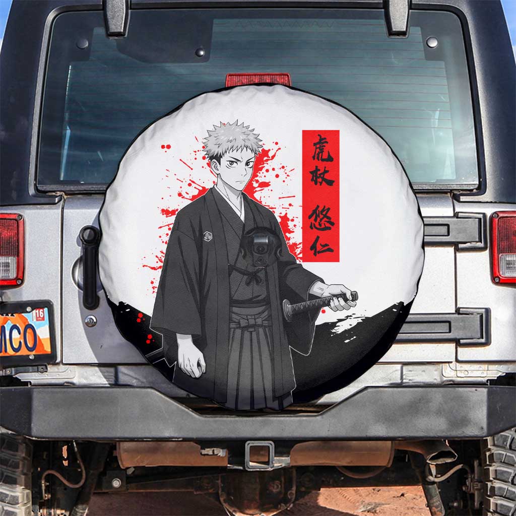 Yuji Itadori Jujutsu Kaisen Samurai Design Spare Tire Cover with Katana, Red Kanji Elements and Oni Mask Graphic - The Mazicc