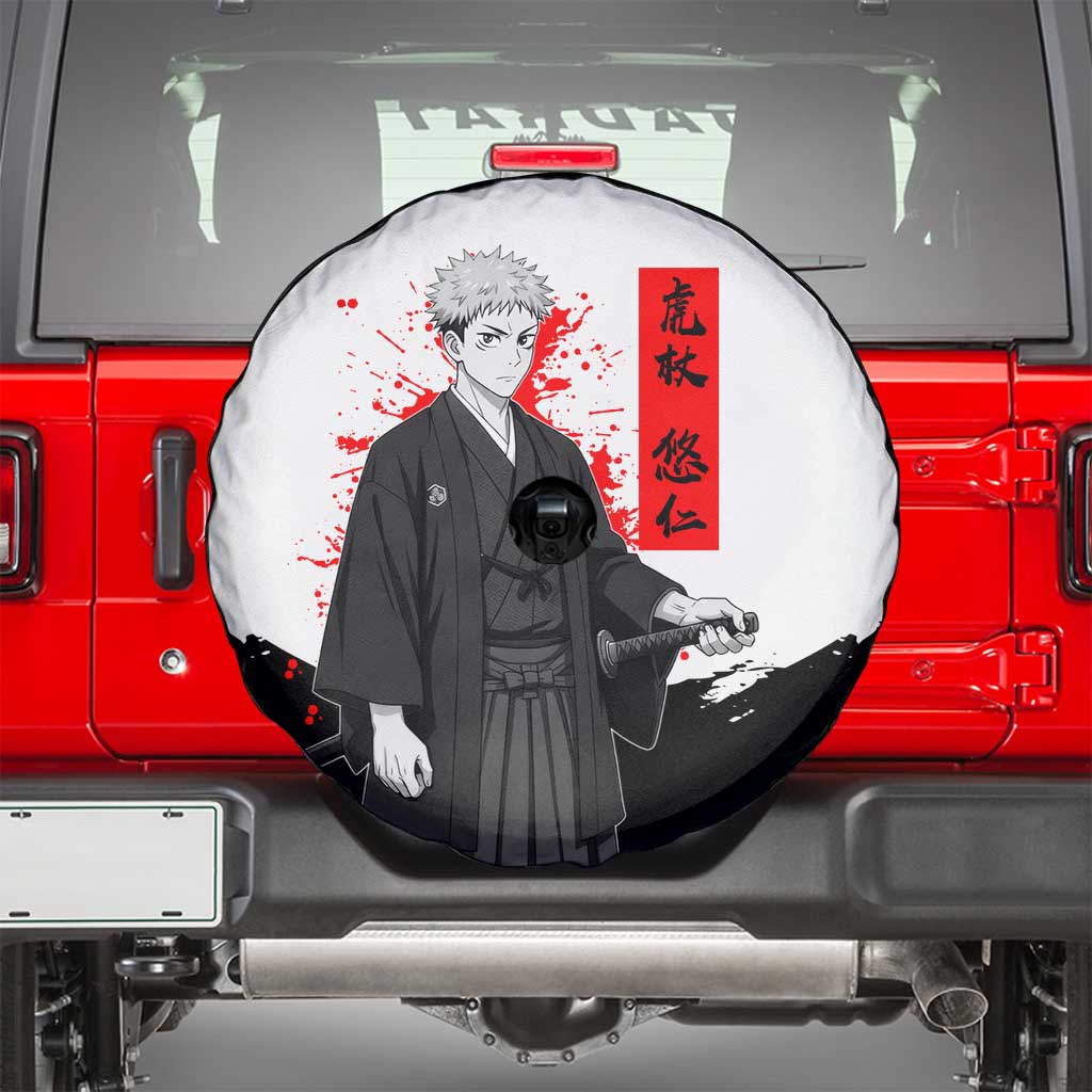 Yuji Itadori Jujutsu Kaisen Samurai Design Spare Tire Cover with Katana, Red Kanji Elements and Oni Mask Graphic - The Mazicc
