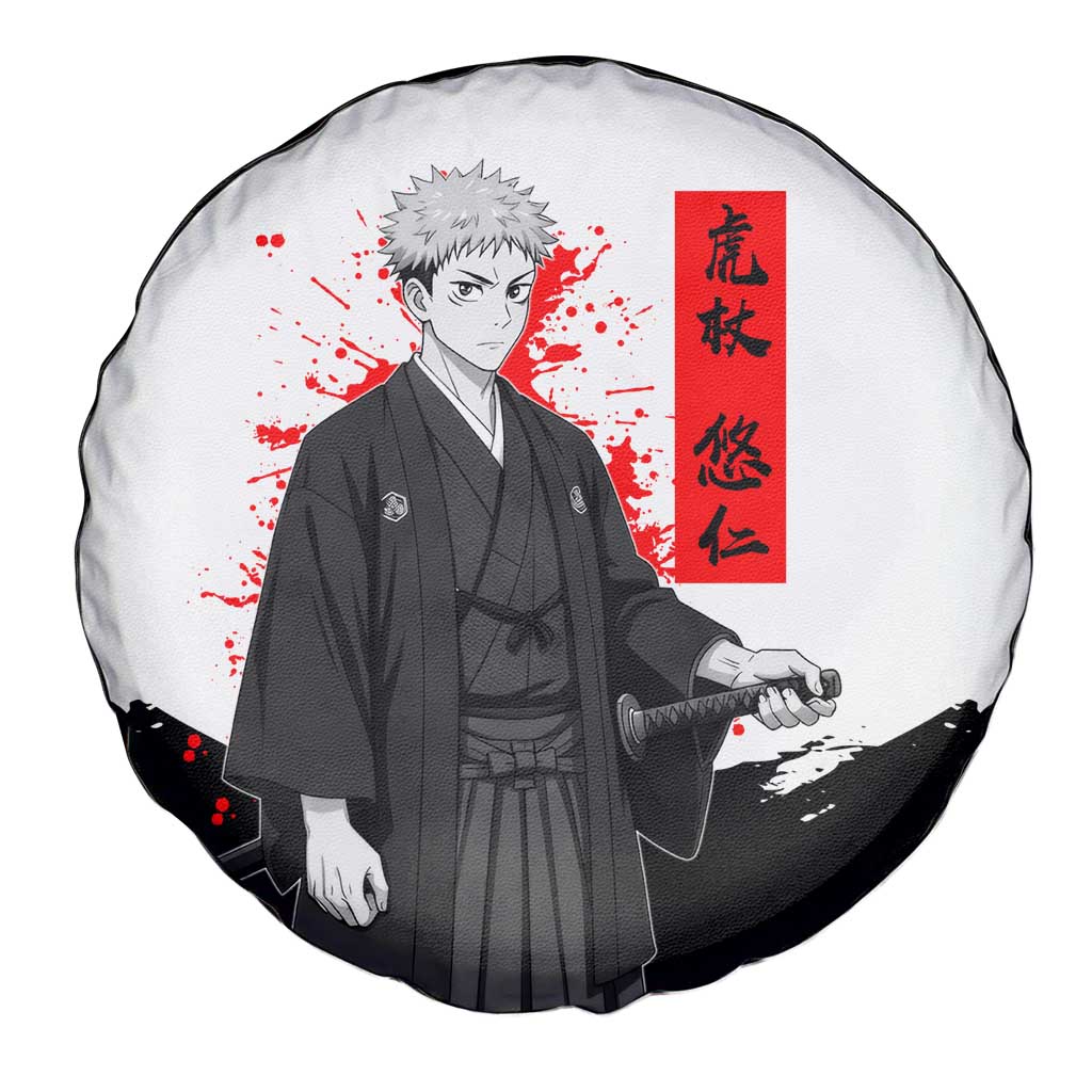 Yuji Itadori Jujutsu Kaisen Samurai Design Spare Tire Cover with Katana, Red Kanji Elements and Oni Mask Graphic - The Mazicc