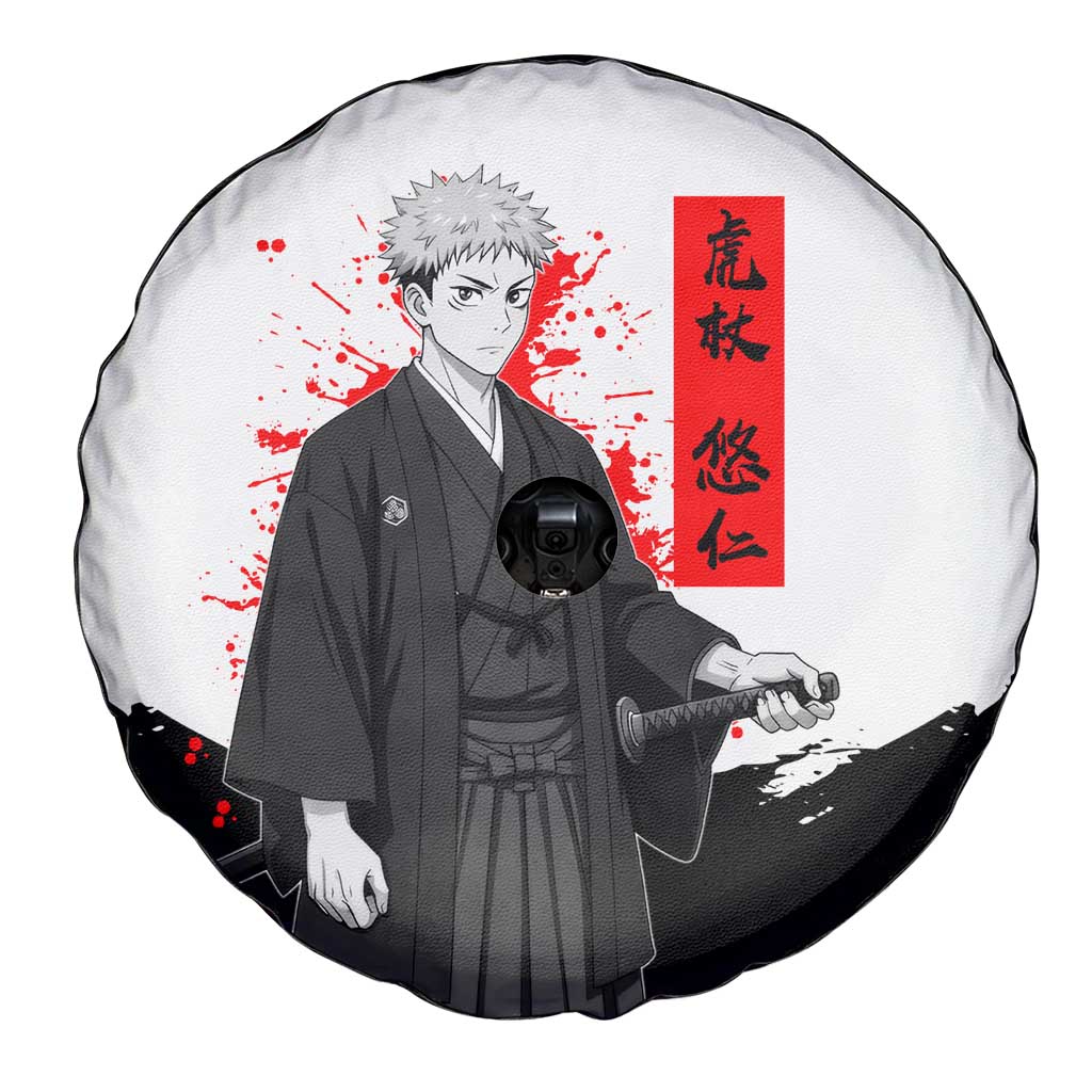 Yuji Itadori Jujutsu Kaisen Samurai Design Spare Tire Cover with Katana, Red Kanji Elements and Oni Mask Graphic - The Mazicc