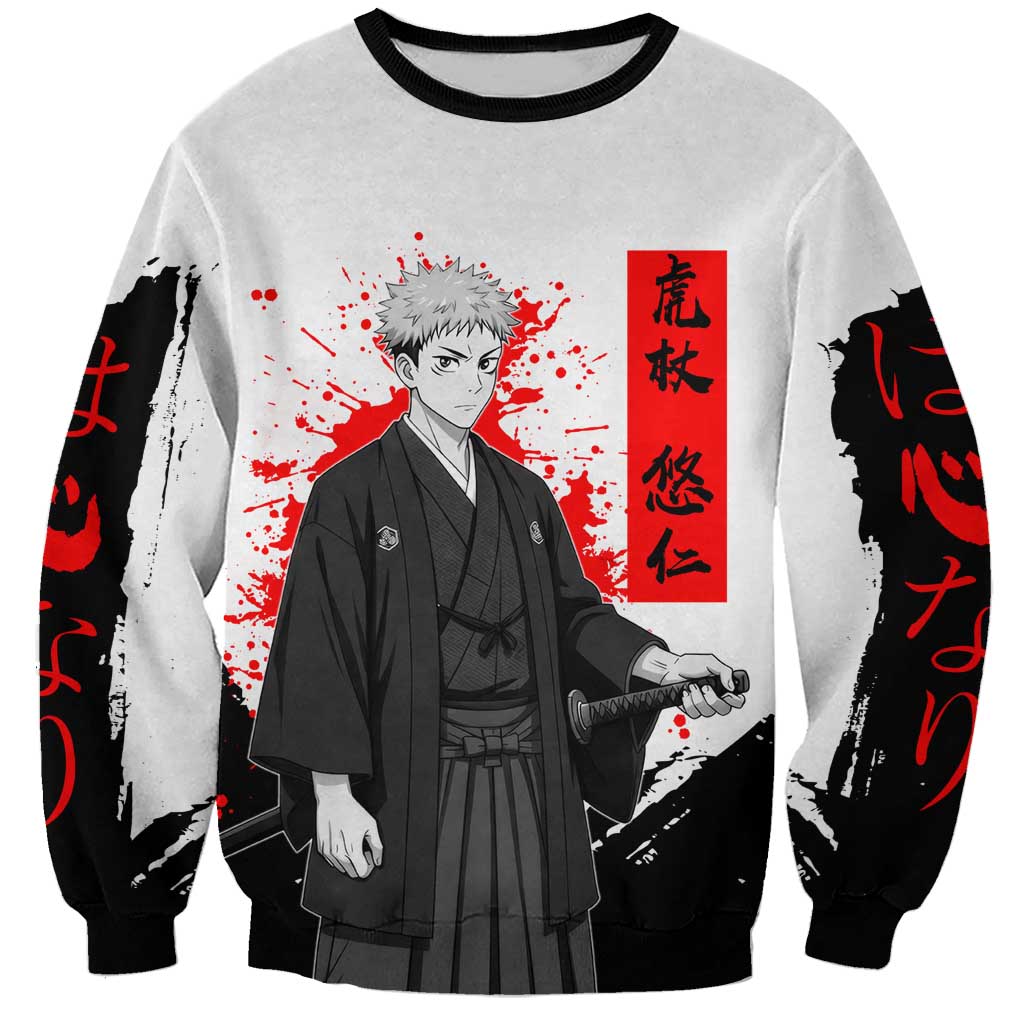Yuji Itadori Jujutsu Kaisen Samurai Design Sweatshirt with Katana, Red Kanji Elements and Oni Mask Graphic - The Mazicc
