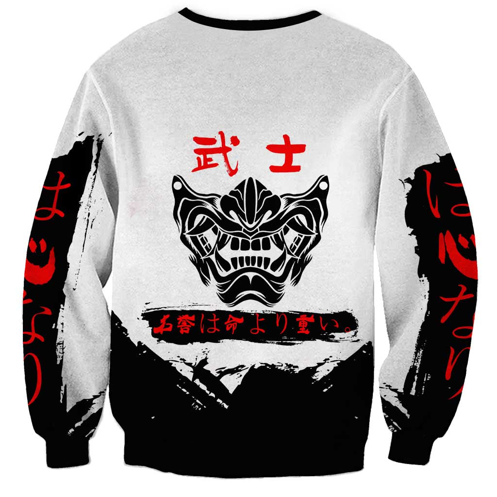 Yuji Itadori Jujutsu Kaisen Samurai Design Sweatshirt with Katana, Red Kanji Elements and Oni Mask Graphic - The Mazicc