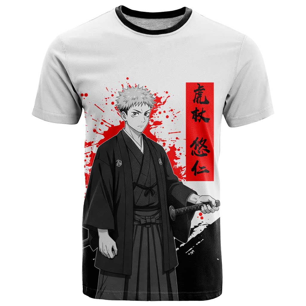 Yuji Itadori Jujutsu Kaisen Samurai Design T Shirt with Katana, Red Kanji Elements and Oni Mask Graphic - The Mazicc