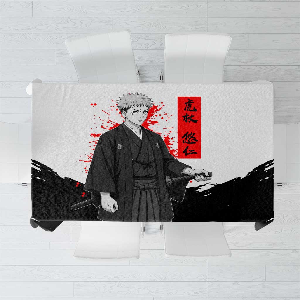 Yuji Itadori Jujutsu Kaisen Samurai Design Tablecloth with Katana, Red Kanji Elements and Oni Mask Graphic - The Mazicc