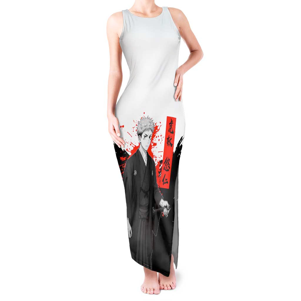 Yuji Itadori Jujutsu Kaisen Samurai Design Tank Maxi Dress with Katana, Red Kanji Elements and Oni Mask Graphic - The Mazicc