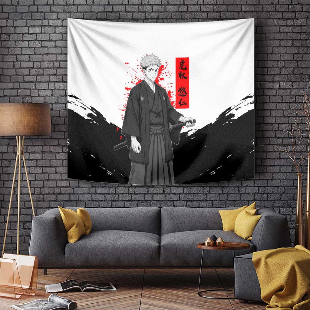 Yuji Itadori Jujutsu Kaisen Samurai Design Tapestry with Katana, Red Kanji Elements and Oni Mask Graphic - The Mazicc