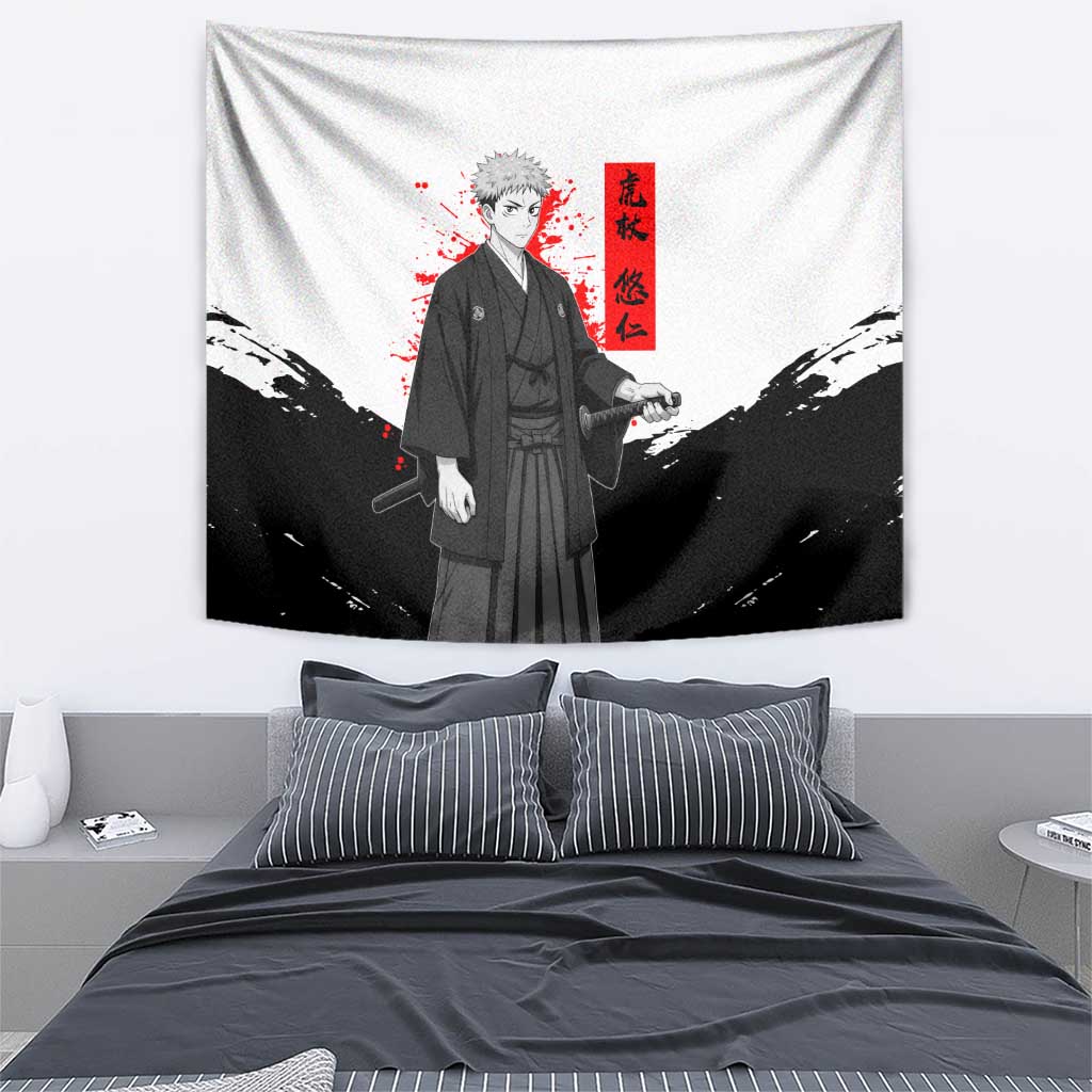 Yuji Itadori Jujutsu Kaisen Samurai Design Tapestry with Katana, Red Kanji Elements and Oni Mask Graphic - The Mazicc