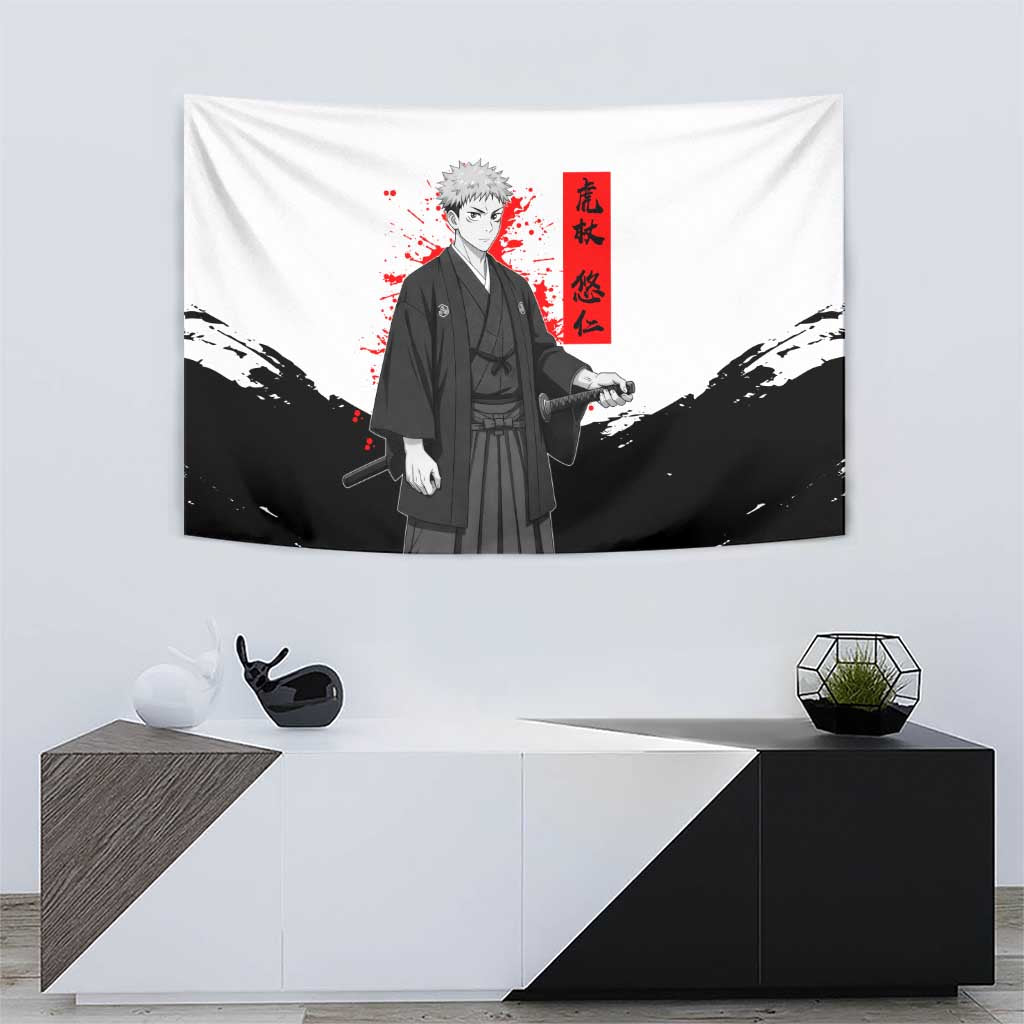 Yuji Itadori Jujutsu Kaisen Samurai Design Tapestry with Katana, Red Kanji Elements and Oni Mask Graphic - The Mazicc