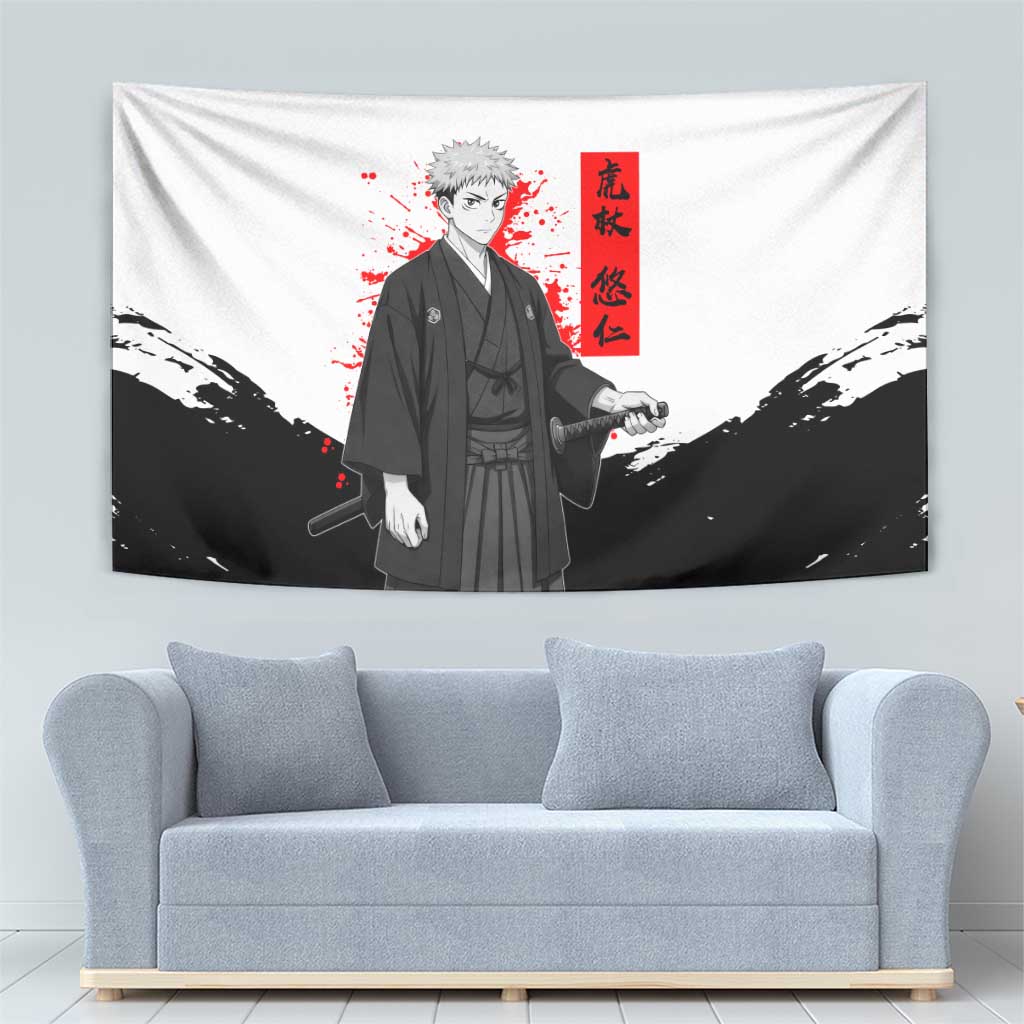 Yuji Itadori Jujutsu Kaisen Samurai Design Tapestry with Katana, Red Kanji Elements and Oni Mask Graphic - The Mazicc
