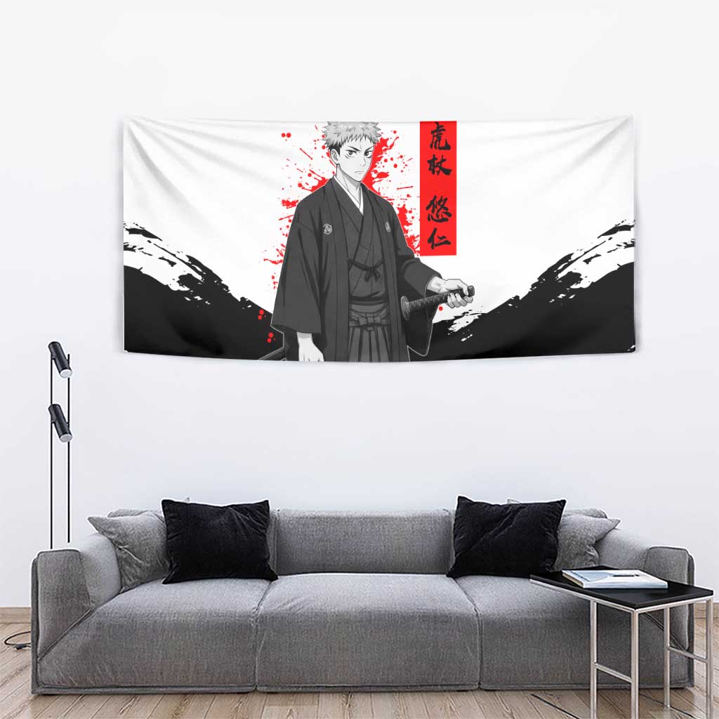 Yuji Itadori Jujutsu Kaisen Samurai Design Tapestry with Katana, Red Kanji Elements and Oni Mask Graphic - The Mazicc