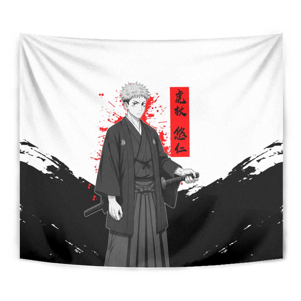 Yuji Itadori Jujutsu Kaisen Samurai Design Tapestry with Katana, Red Kanji Elements and Oni Mask Graphic - The Mazicc