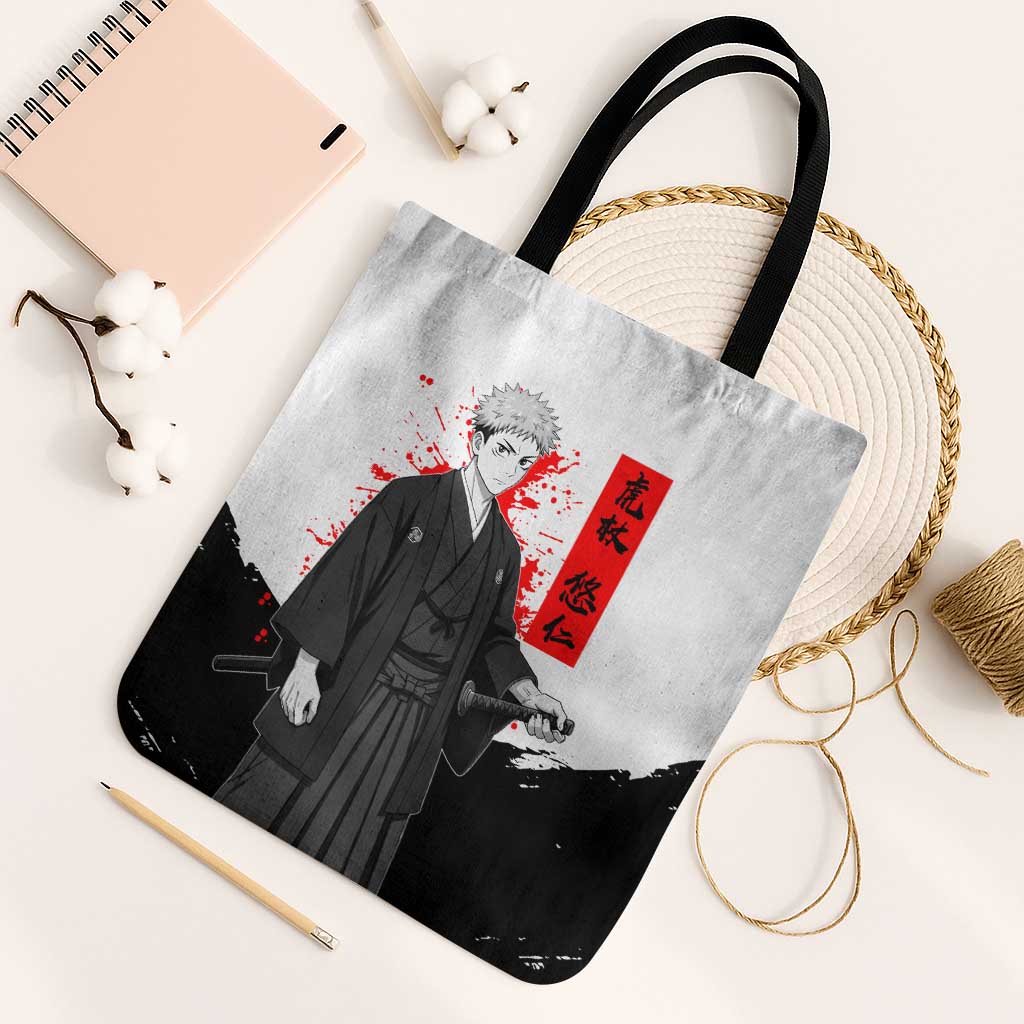 Yuji Itadori Jujutsu Kaisen Samurai Design Tote Bag with Katana, Red Kanji Elements and Oni Mask Graphic - The Mazicc