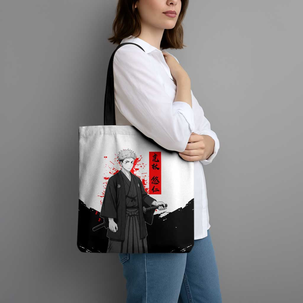 Yuji Itadori Jujutsu Kaisen Samurai Design Tote Bag with Katana, Red Kanji Elements and Oni Mask Graphic - The Mazicc