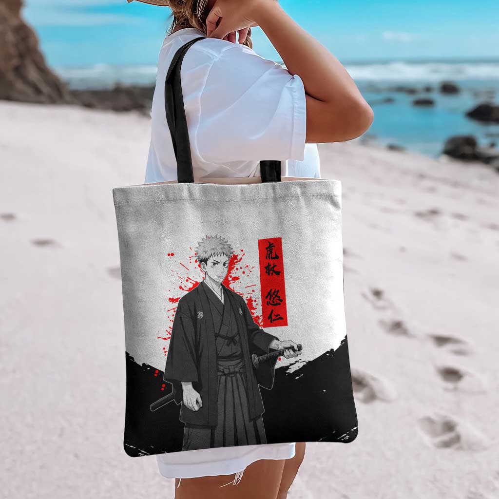Yuji Itadori Jujutsu Kaisen Samurai Design Tote Bag with Katana, Red Kanji Elements and Oni Mask Graphic - The Mazicc