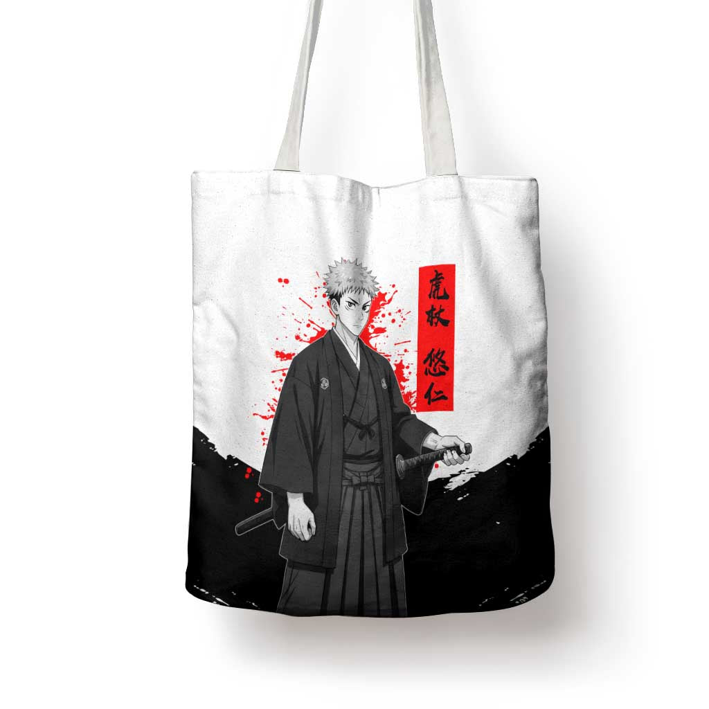 Yuji Itadori Jujutsu Kaisen Samurai Design Tote Bag with Katana, Red Kanji Elements and Oni Mask Graphic - The Mazicc