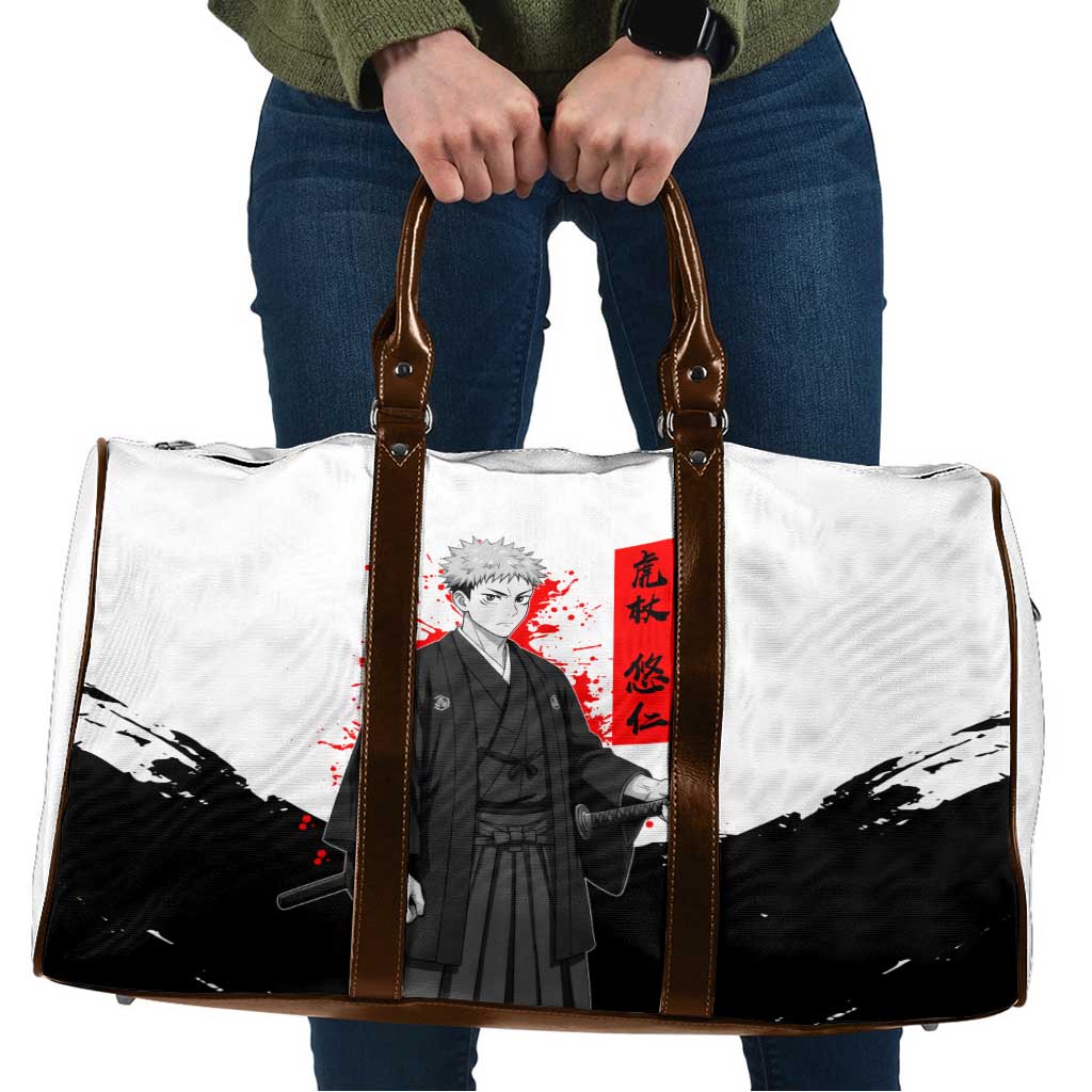 Yuji Itadori Jujutsu Kaisen Samurai Design Travel Bag with Katana, Red Kanji Elements and Oni Mask Graphic - The Mazicc