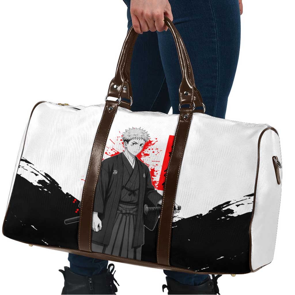 Yuji Itadori Jujutsu Kaisen Samurai Design Travel Bag with Katana, Red Kanji Elements and Oni Mask Graphic - The Mazicc