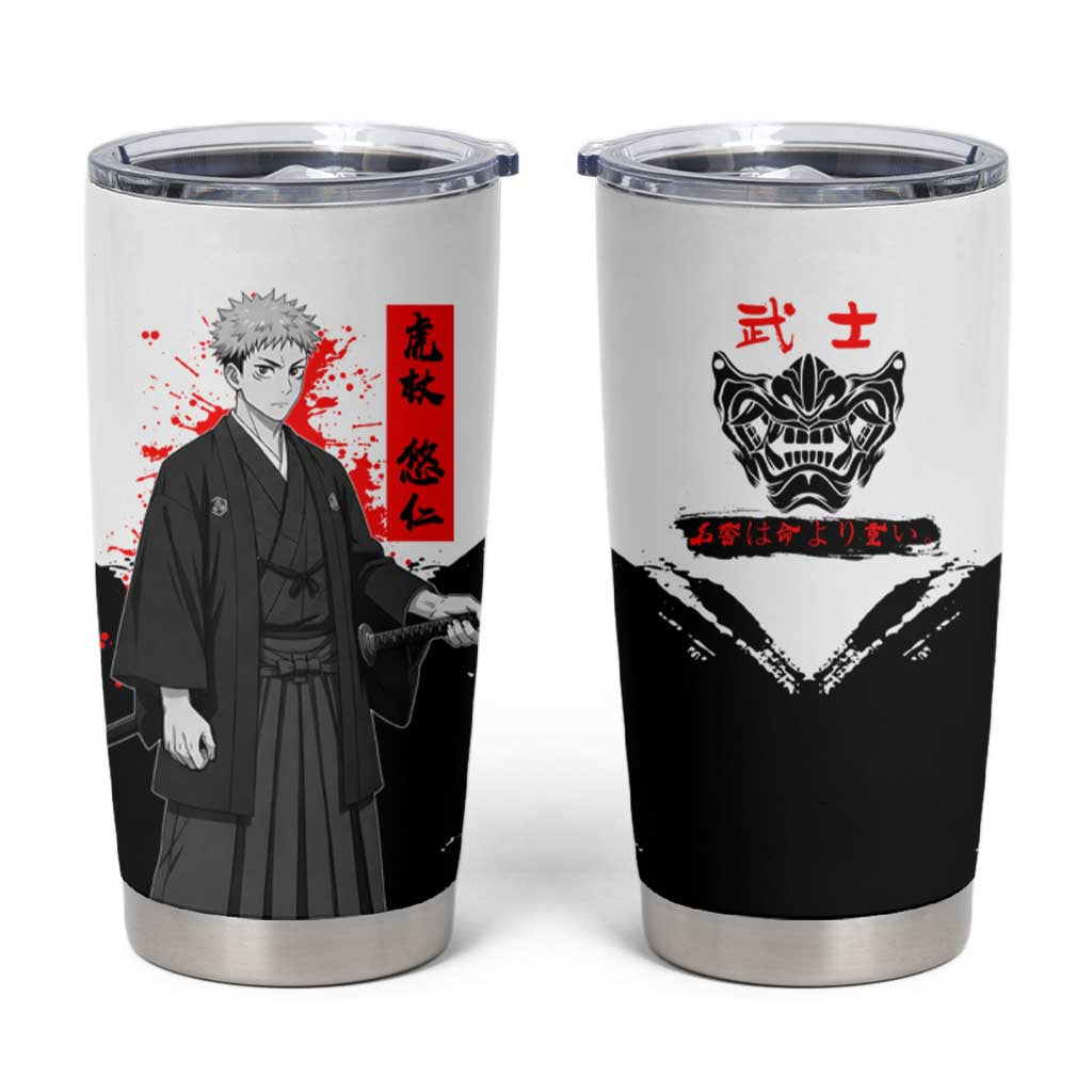 Yuji Itadori Jujutsu Kaisen Samurai Design Tumbler Cup with Katana, Red Kanji Elements and Oni Mask Graphic - The Mazicc