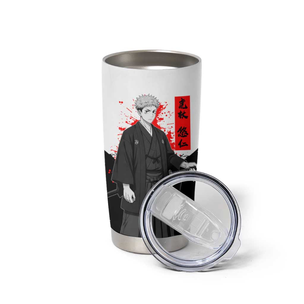 Yuji Itadori Jujutsu Kaisen Samurai Design Tumbler Cup with Katana, Red Kanji Elements and Oni Mask Graphic - The Mazicc