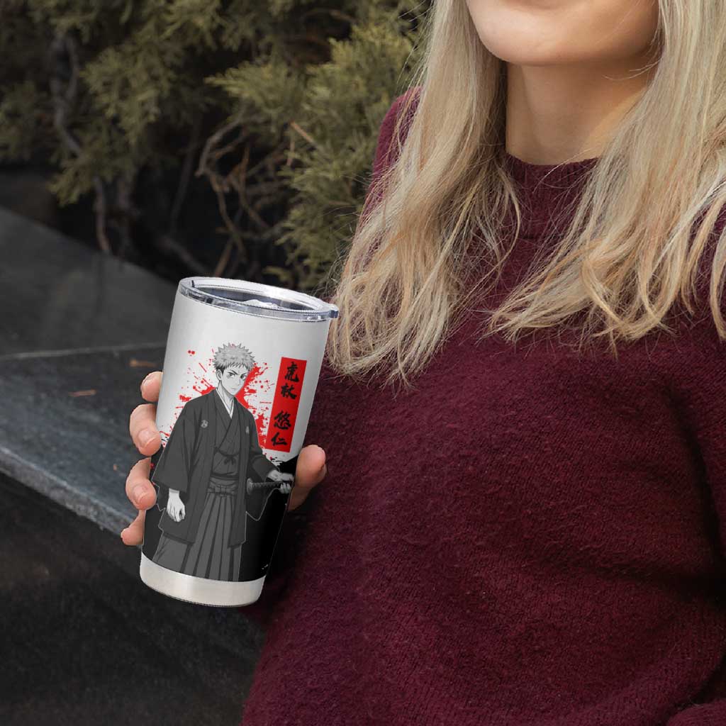 Yuji Itadori Jujutsu Kaisen Samurai Design Tumbler Cup with Katana, Red Kanji Elements and Oni Mask Graphic - The Mazicc