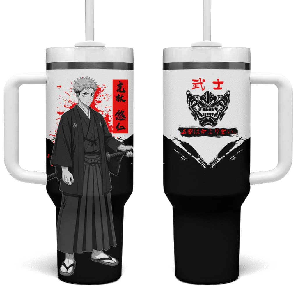 Yuji Itadori Jujutsu Kaisen Samurai Design Tumbler With Handle with Katana, Red Kanji Elements and Oni Mask Graphic - The Mazicc